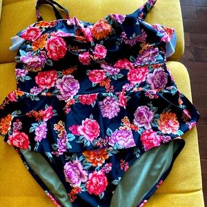 Floral One piece swimsuit with ruffle and peplum